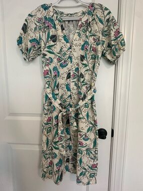 LOFT Cream Floral Midi Dress with Teal & Pink Accents